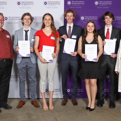 (L-R) Professor Peter Halley, Javan McGuckin, Lilly Van Gilst, Flynn Pearman, Victoria Barnes, James Orman, Professor Vicki Chen.